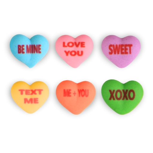Ready-to-use royal icing conversation hearts for decorating Valentine’s chocolates, bonbons, and candy treats by Caljava.