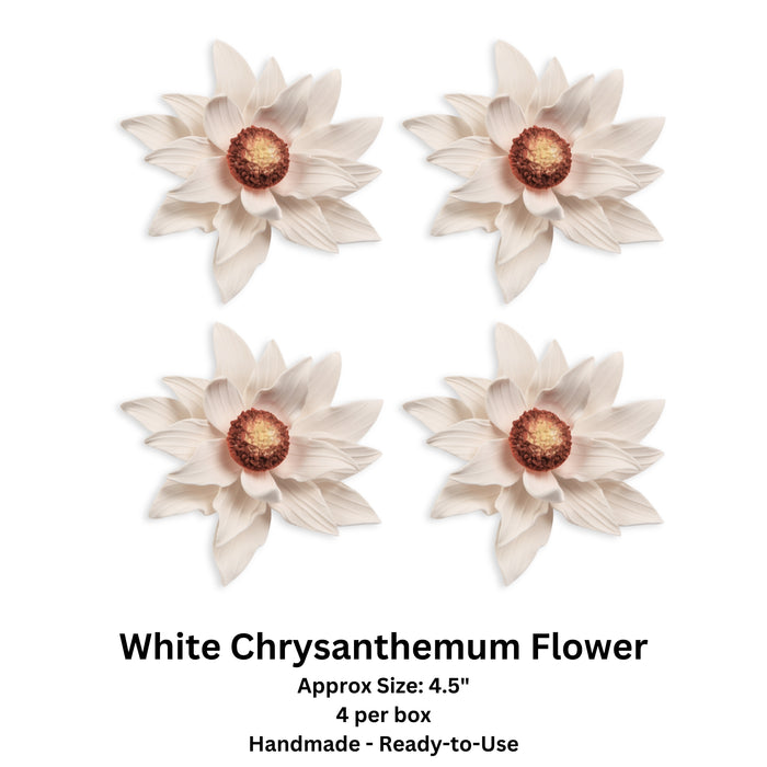 safely packed white chrysanthemum sugar flower for decorating cakes, 4 per box