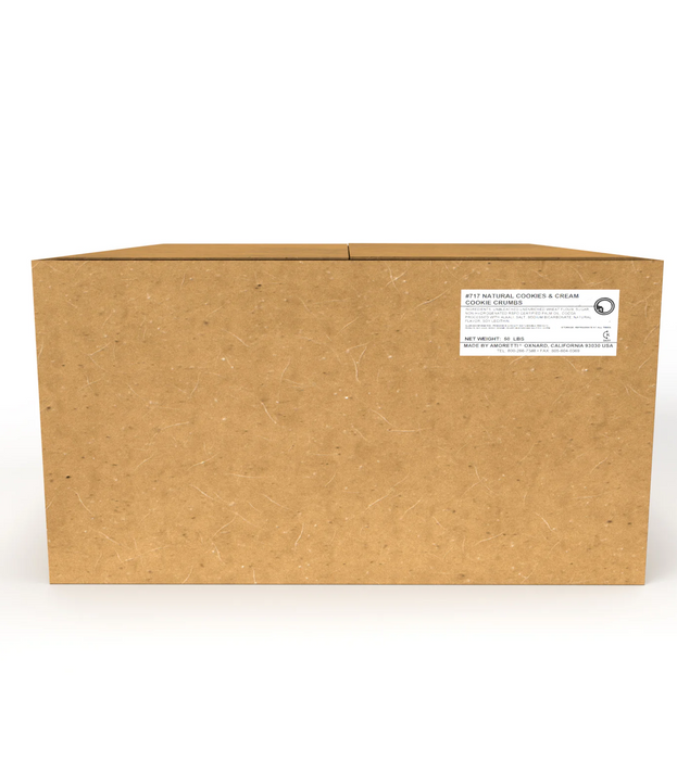 Bulk container of Amoretti Cookies and Cream cookie crumbs for commercial bakeries and ice cream shops.