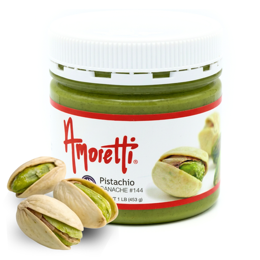 Amoretti Pistachio Chocolate Ganache tub available in 1 lb, 2 lb, and 9 lb bulk sizes