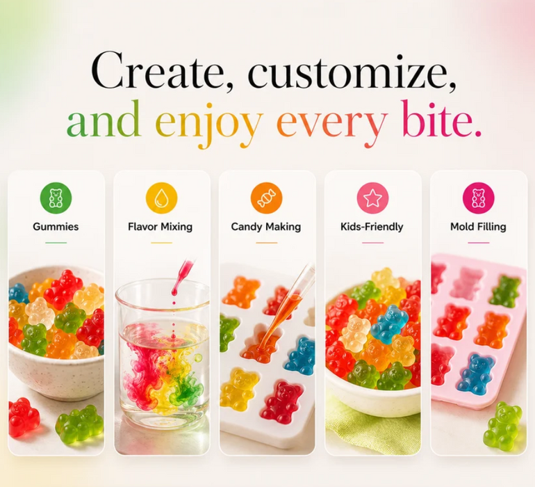 Colorful handmade gummy bears poured into molds using LorAnn Gummy Mix