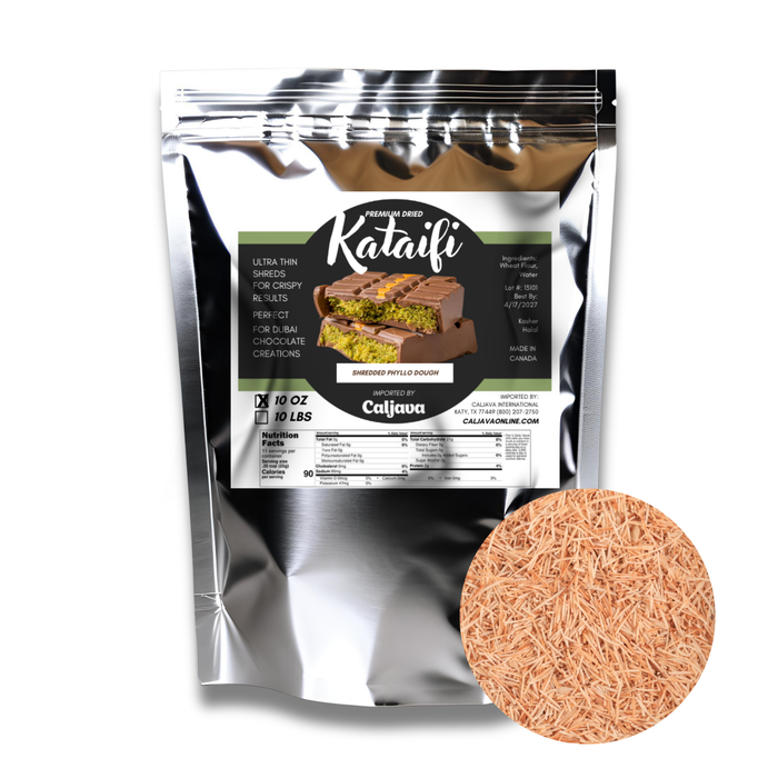 Premium Turkish Shredded Kataifi Dough for Dubai Chocolate Bars, Kunafa, and Baklava – Vegan, Use authentic Turkish kataifi dough to create Dubai chocolate bars, kunafa, and modern pastries with signature crunch for Chocolatiers and Pastry Chefs by Caljava.