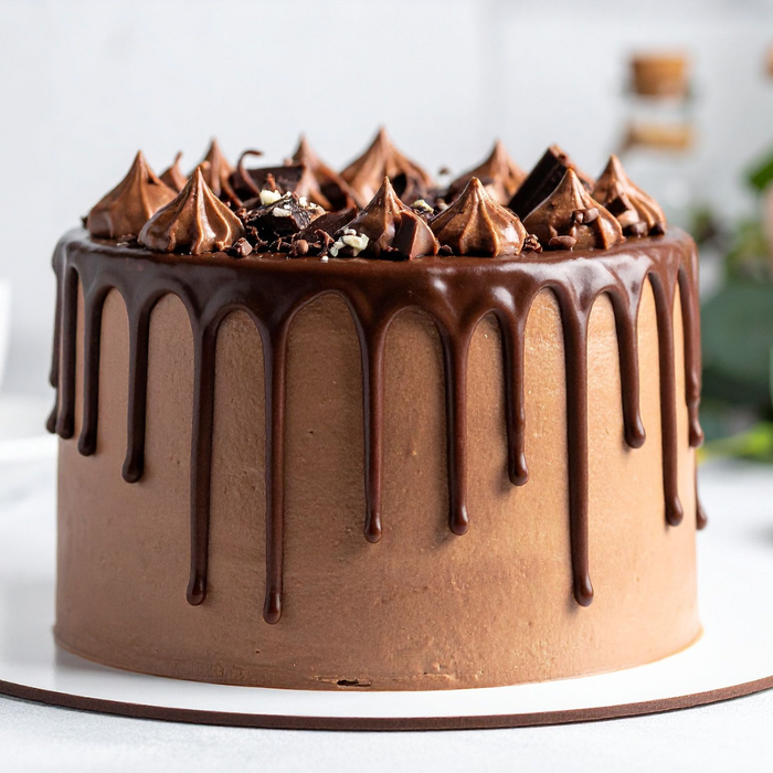 Handcrafted chocolate cake made with smooth Amoretti fudge ganache dripping