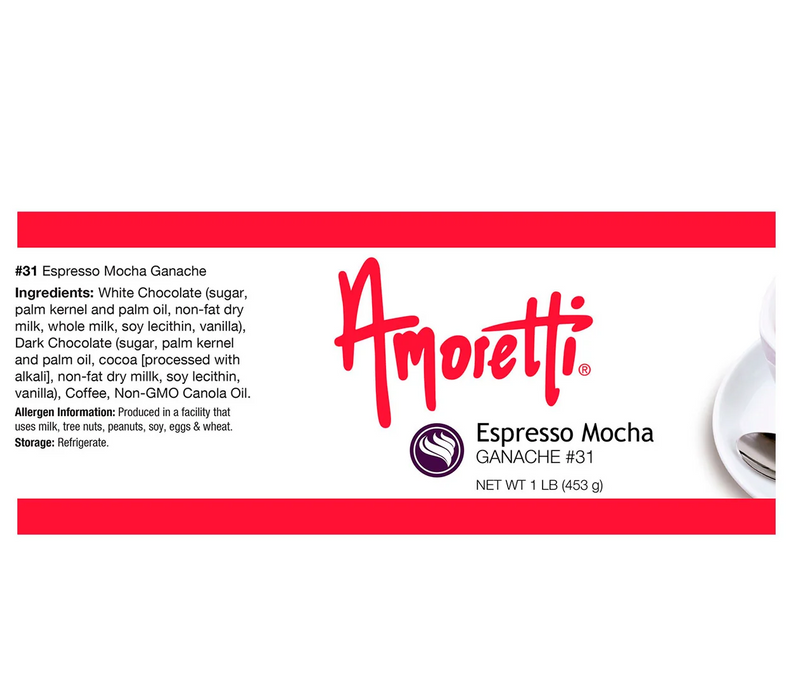 Melting Amoretti rich espresso mocha ganache poured over a multi-layer cake as a high-gloss glaze