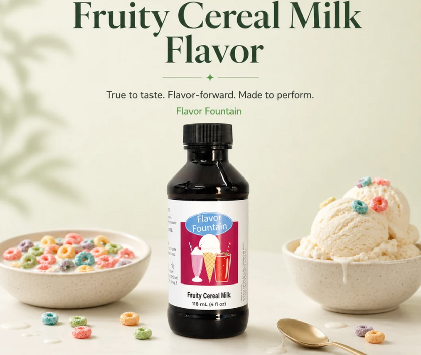 Blender bottle with a fruity cereal milk flavored nutritional protein drink