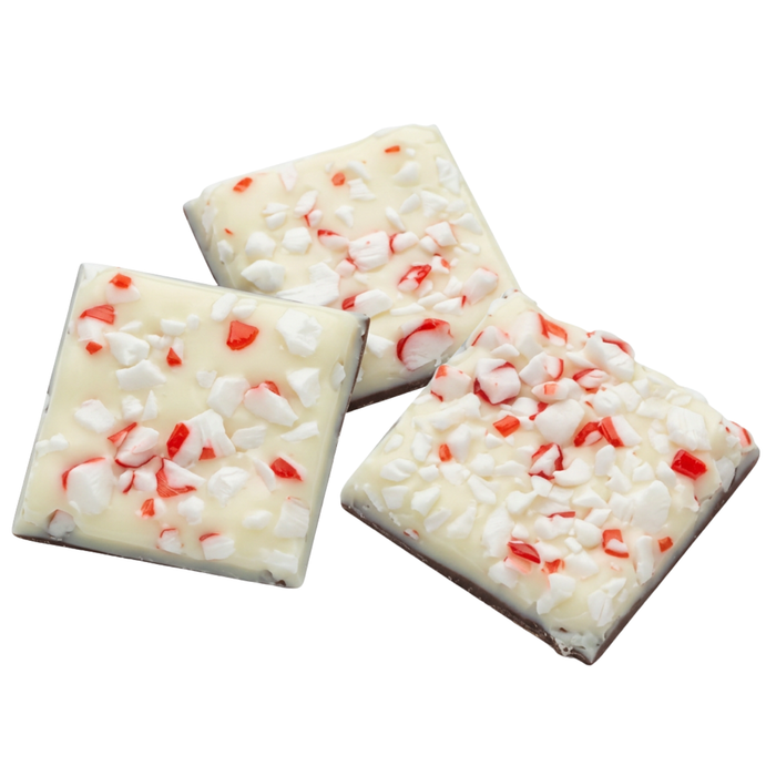 1.25-inch dark and white chocolate peppermint bark squares topped with red peppermint crumble for holiday dessert displays wholesale bulk for resale