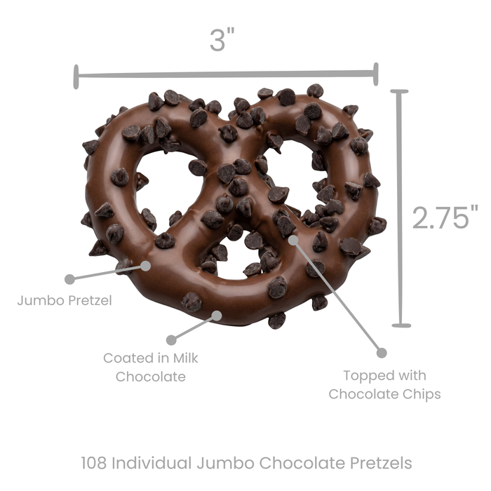 Close-up of a handcrafted jumbo milk chocolate pretzel drenched in chocolate chips in bulk wholesale