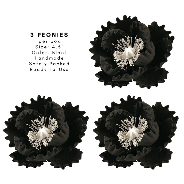 Ready-to-use black peony sugar flower cake topper for professional wedding cake decorating wholesale cake supply by Caljava