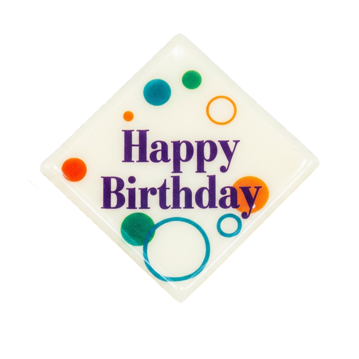 Edible Happy Birthday white chocolate plaque topper for cakes, cupcakes, and entremets