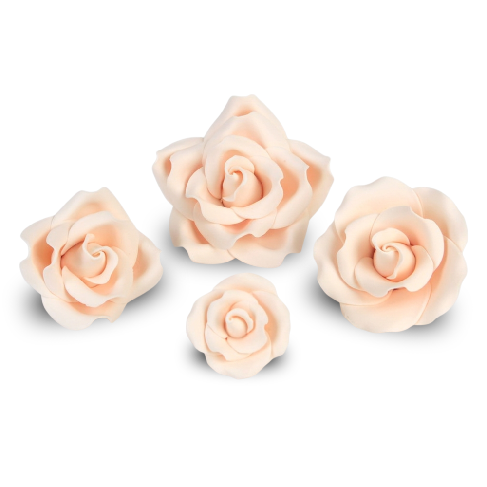 Pre-made ivory gumpaste garden rose sugar flower cake toppers by Caljava designed to save labor time and improve bakery kitchen efficiency
