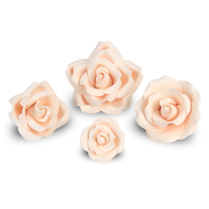 Pre-made ivory gumpaste garden rose sugar flower cake toppers by Caljava designed to save labor time and improve bakery kitchen efficiency