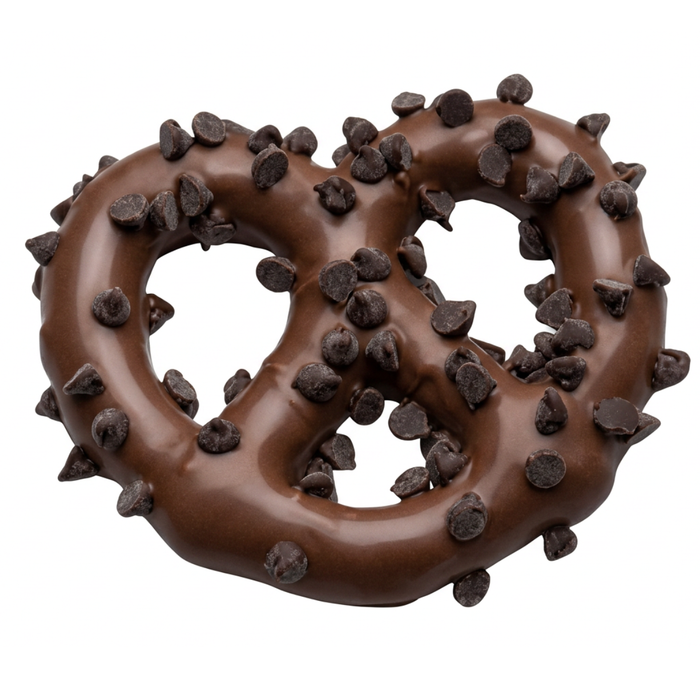 3-inch jumbo milk chocolate covered pretzels topped with chocolate chips for retail impulse sales