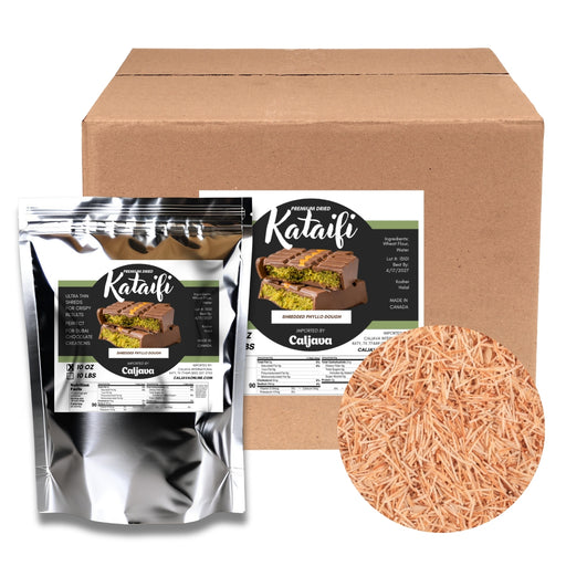 Authentic kataifi dough for Dubai chocolate bars, kunafa, and gourmet pastries. Crispy shredded phyllo, vegan, halal & kosher certified. Caljava