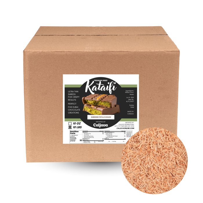 Create viral Dubai chocolate desserts with premium kataifi dough. Perfect texture for pistachio fillings and chocolate molds. Premium Toasted Shredded Kataifi Dough for Dubai Chocolate Bars, Kunafa, and Baklava by Caljava.