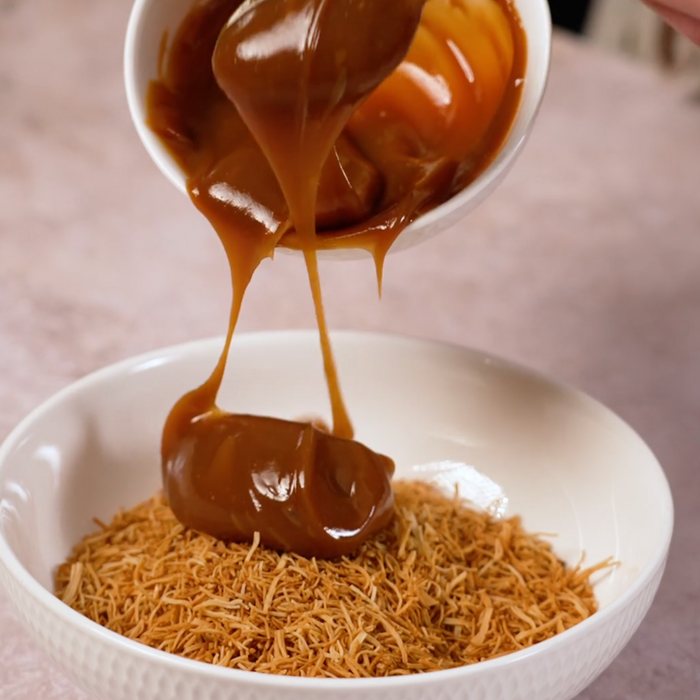 Kataifi mixed with caramel.  Perfect kataifi dough for pistachio desserts and Dubai chocolate bars. Adds crunch, texture, and visual appeal instantly.