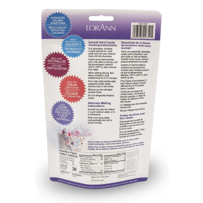 Back packaging label showing ingredients and nutrition information for LorAnn Isomalt crystals