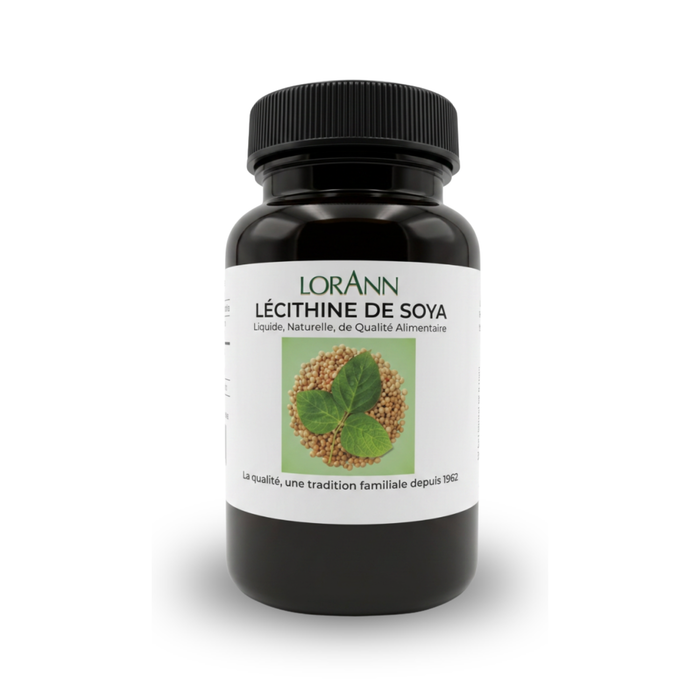 LorAnn Liquid Soy Lecithin lineup shown in 4 oz bottle, 16 oz bottle, and 1 gallon jug