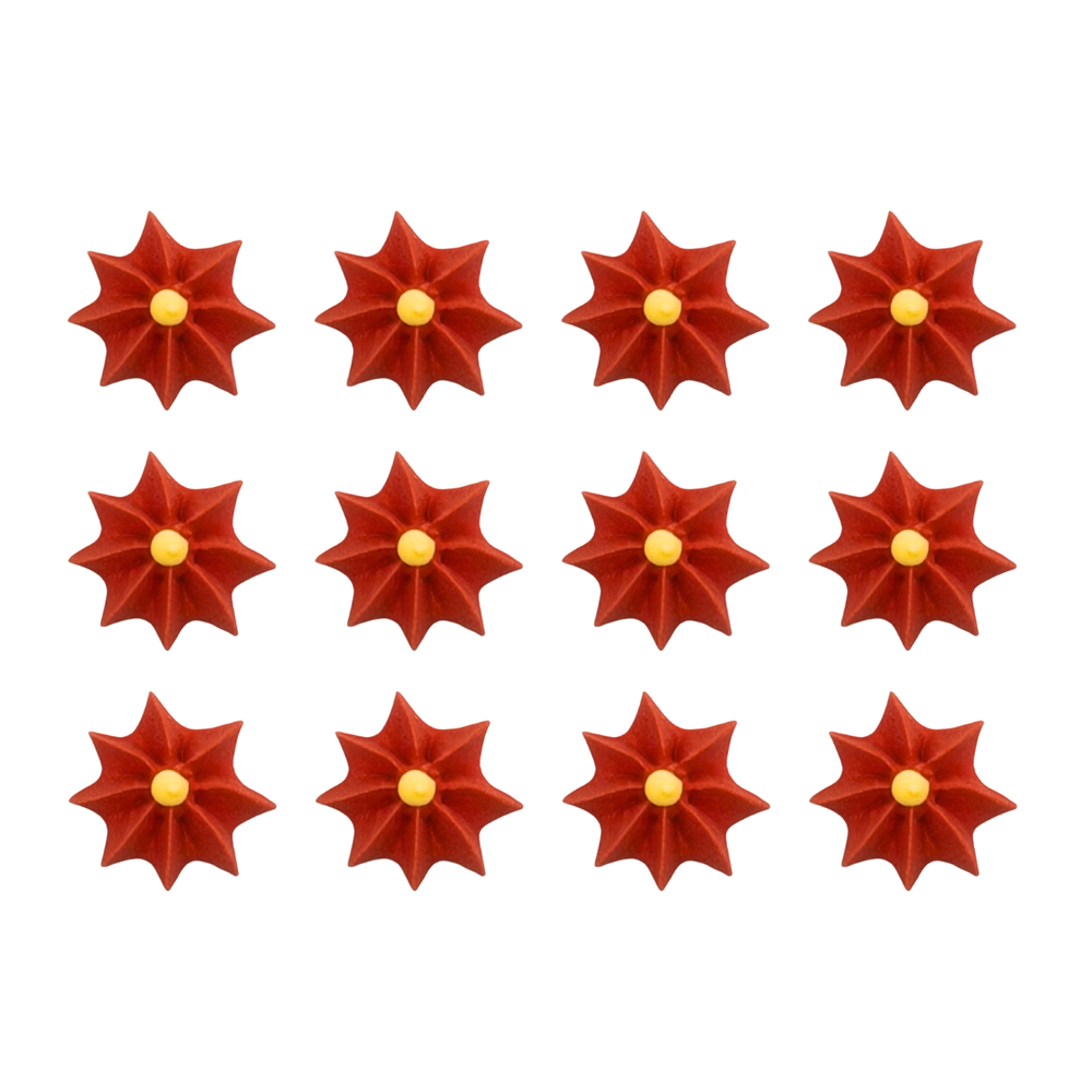 Bulk 192-piece set of mini red and yellow poinsettia royal icing decorations for Christmas cupcakes and holiday baking from Caljava