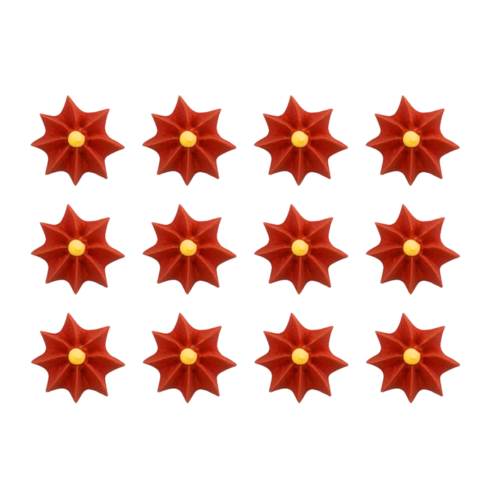 Bulk 192-piece set of mini red and yellow poinsettia royal icing decorations for Christmas cupcakes and holiday baking from Caljava