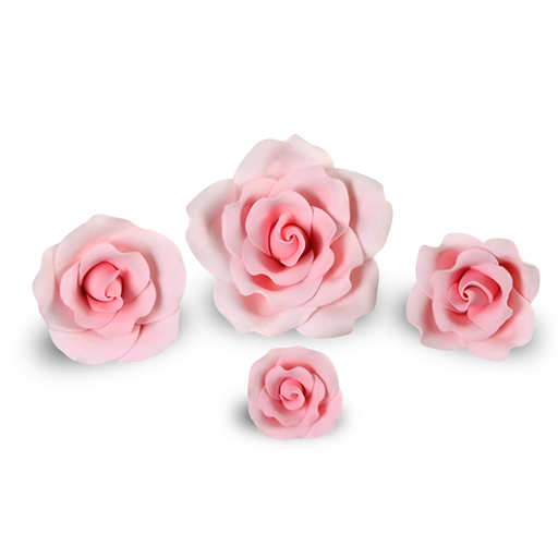 Assorted box of 12 pink English garden rose gum paste sugar flower cake toppers in four mixed sizes (2-inch to 4-inch) for custom cake decorating wedding cakes by caljava