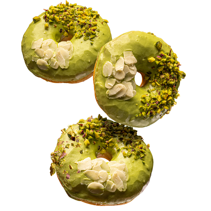 Handmade donuts with a creamy Amoretti pistachio ganache center
