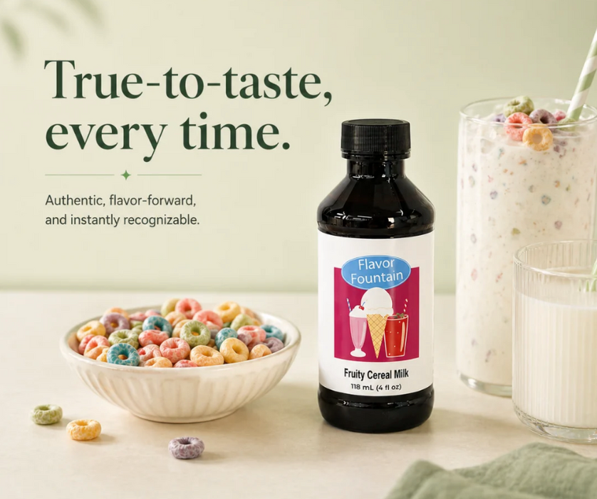 Pouring LorAnn Fruity Cereal Milk liquid flavor into a white vanilla ice cream base