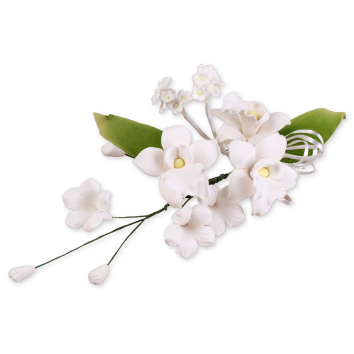 Pre-wired flexible stem on a white gumpaste orchid spray for easy cake placement