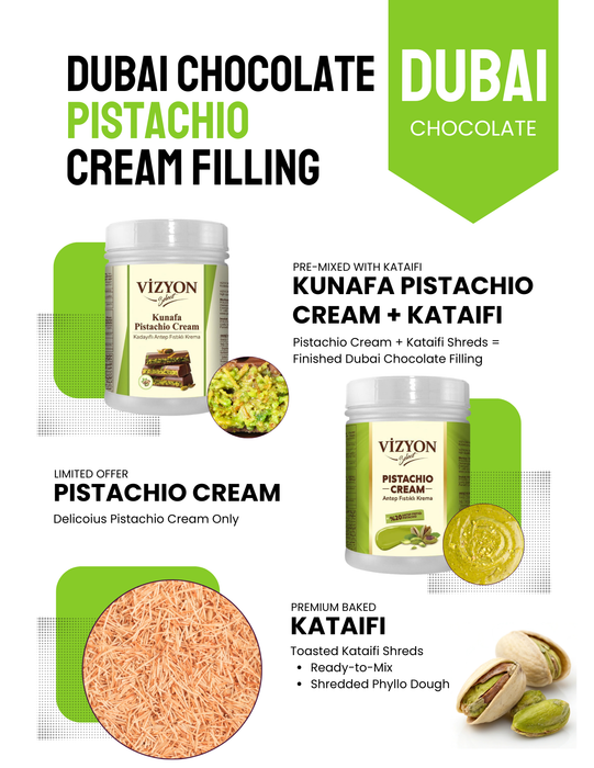 Vizyon ready to use Kunafa Pistachio Cream and Kataifi Mix bucket by Caljava for making viral Dubai chocolate bars.