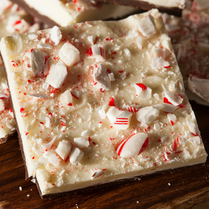 Individually packaged wholesale peppermint bark chocolate squares styled for holiday gift boxes and retail impulse sales