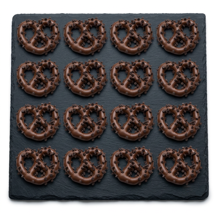 Retail-ready jumbo chocolate covered pretzels on display at a coffee shop checkout counter.