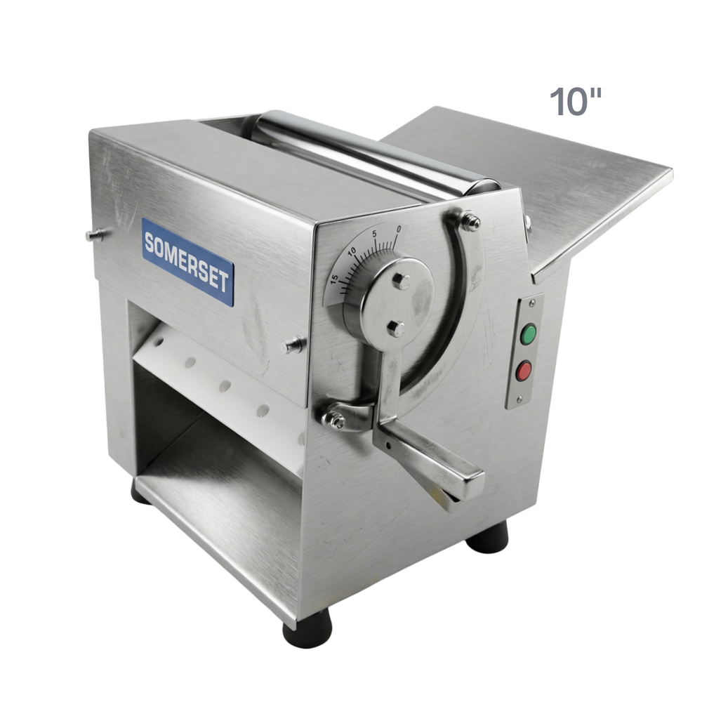ront view of the Somerset CDR-100 compact 10-inch tabletop dough and fondant sheeter on a stainless steel commercial kitchen prep table