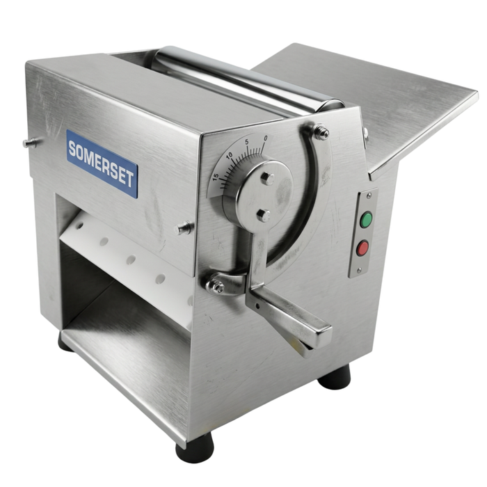 Side profile view showing the space-saving tabletop footprint of the Somerset CDR-100 dough sheeter in a commercial bakery kitchen.