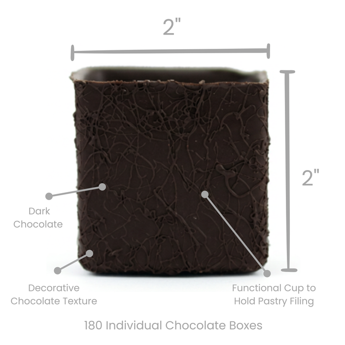 Edible white and dark chocolate textured boxes for pastry and dessert for wedding, event, and banquet dessert courses in bulk wholesale.