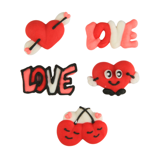 Bulk set of 5 Valentine's Day royal icing decorations featuring love designs and hearts for chocolate treats and cupcakes