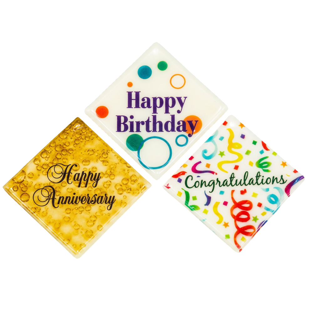 1.5-inch white chocolate printed celebration plaque toppers assortment for cakes and bakery desserts, Happy Birthday, Congratulations, Happy Anniversary