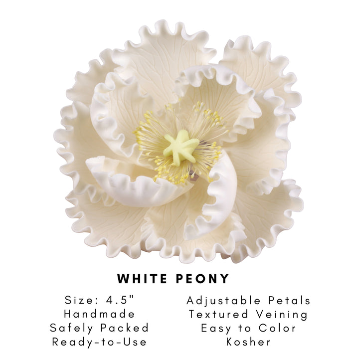 Ready-to-use white peony sugar flower cake topper for professional wedding cake decorating by caljava
