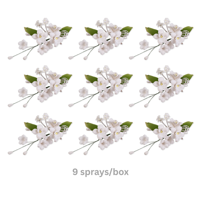 Box of 9 pre-wired white Singapore orchid sugar flower sprays for cake decorating