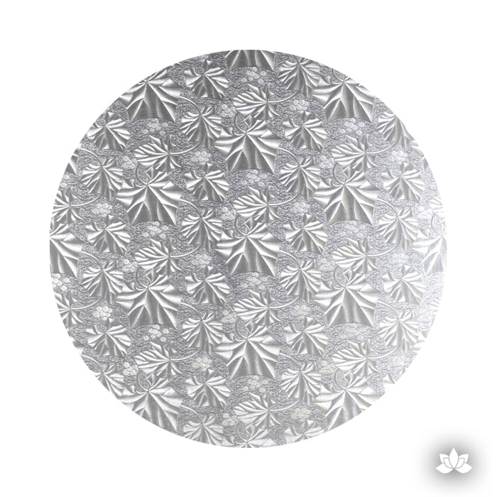 1/2 inch round silver foil cake drum for anniversary and party cakes. Silver Foil Cake Drum for cake decorating your own cakes. Cake Boards
