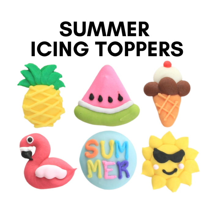Summer Themed Royal Icing Toppers handmade ready-to-use for decorating cupcakes, chocolates, candy, cakes, brownies, cookies, macarons. Edible toppers made of sugar for decorating desserts.  Beach, Flamingo, Watermelon, Ice Cream, Pineapple, Sun.
