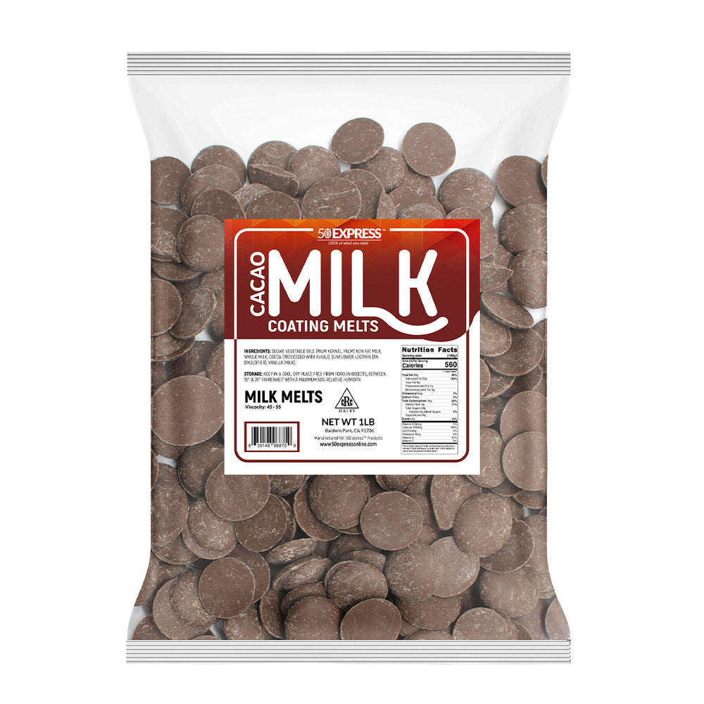 1 lb bag of 50 Express Cacao Milk Coating Melts wafers for baking and dipping.