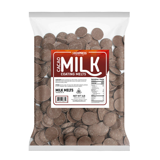 1 lb bag of 50 Express Cacao Milk Coating Melts wafers for baking and dipping.