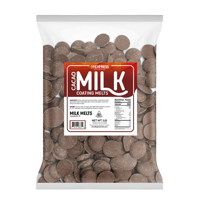 1 lb bag of 50 Express Cacao Milk Coating Melts wafers for baking and dipping.