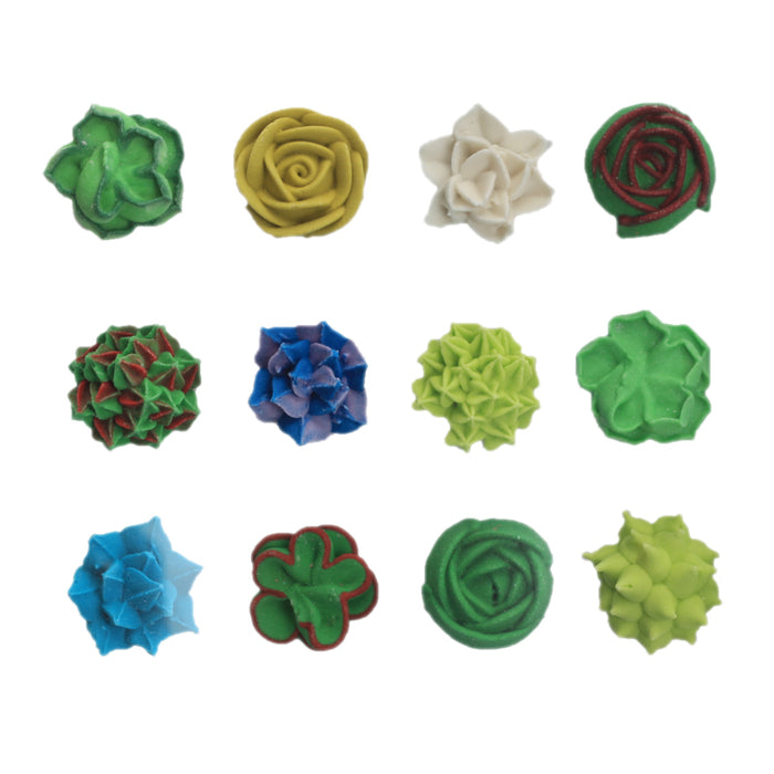 Succulent Royal Icing Toppers great for decorating cakes, cupcakes, chocolates, candy, cookies, and more.  Edible topper for cake decorating.
