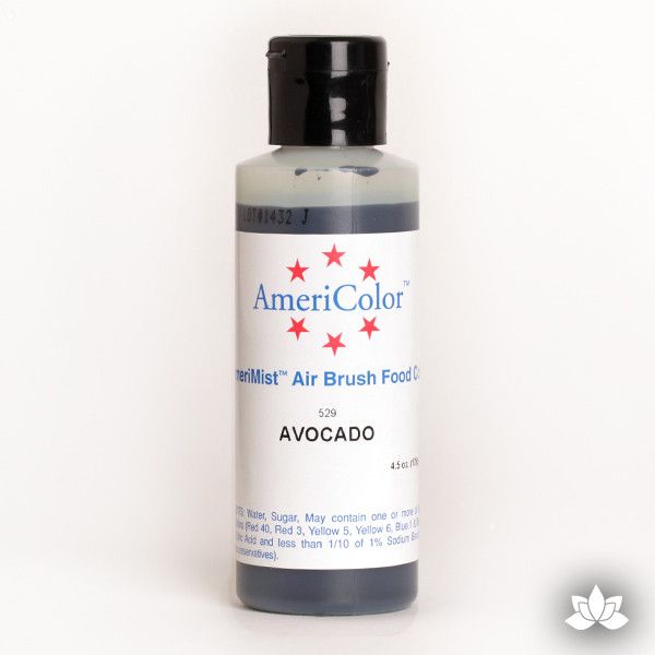 Avocado AmeriMist Air Brush Color 4.5 oz is a highly concentrated air brush color perfect for coloring non-dairy whipped icing, toppings, rolled fondant, gum paste flowers, and buttercream. Wholesale edible air brush color.