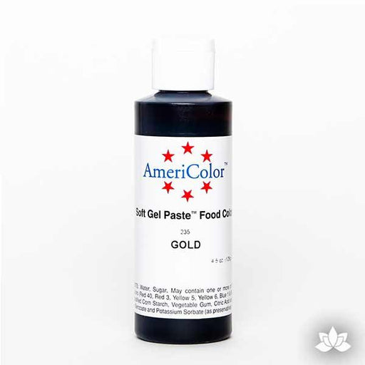 Gold AmeriColor Soft Gel Paste Food Color 4.5 oz is perfect for coloring buttercream, icing, and fondant for decorated cakes and cupcakes. Wholesale edible food coloring.