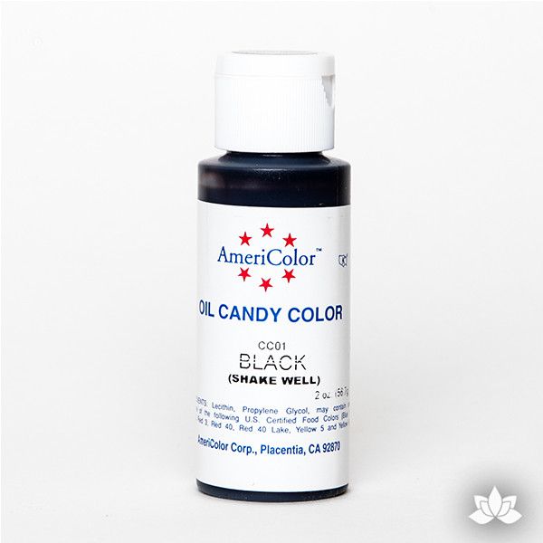Black Oil-Based Candy Color by AmeriColor perfectly colors chocolate with rich, glossy, and vibrant colors every time. Packaged conveniently into squeeze bottles and is available in 9 colors. Wholesale edible chocolate coloring.