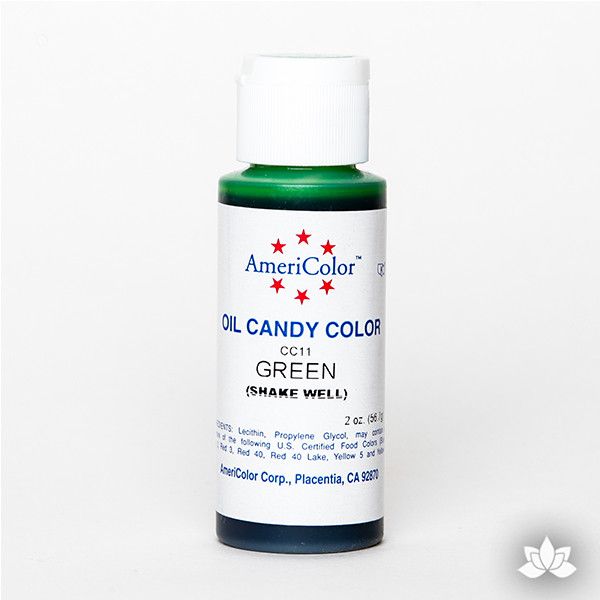 Green Oil-Based Candy Color by AmeriColor perfectly colors chocolate with rich, glossy, and vibrant colors every time. Packaged conveniently into squeeze bottles and is available in 9 colors. Wholesale edible chocolate coloring.