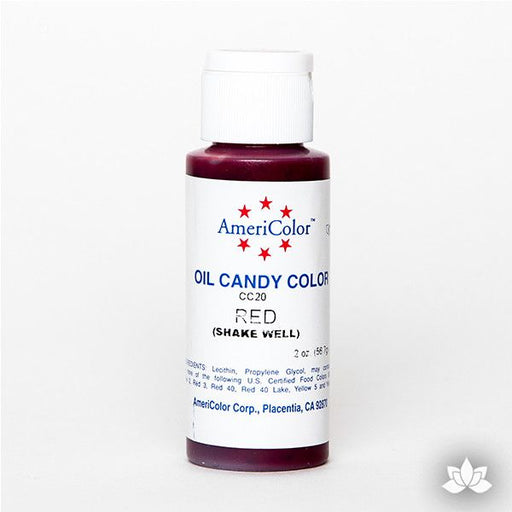 Red Oil-Based Candy Color by AmeriColor perfectly colors chocolate with rich, glossy, and vibrant colors every time. Packaged conveniently into squeeze bottles and is available in 9 colors. Wholesale edible chocolate coloring.