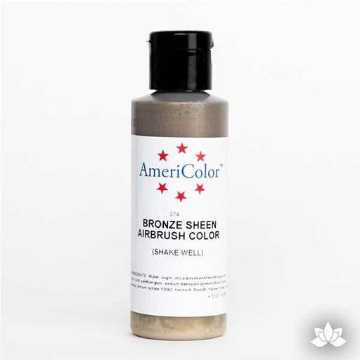 Bronze Sheen AmeriMist Air Brush Color 4.5 oz is a highly concentrated air brush color perfect for coloring non-dairy whipped icing, toppings, rolled fondant, gum paste flowers, and buttercream. Wholesale edible air brush color.