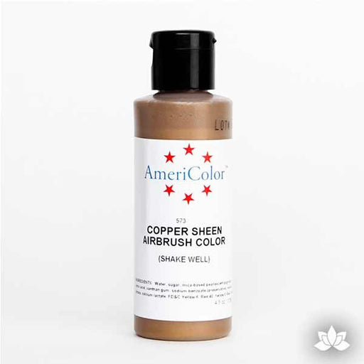 Copper Sheen AmeriMist Air Brush Color 4.5 oz is a highly concentrated air brush color perfect for coloring non-dairy whipped icing, toppings, rolled fondant, gum paste flowers, and buttercream. Wholesale edible air brush color.